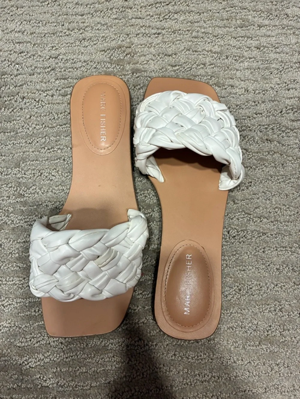 Marc Fisher Braided White Slide Sandals with Tan Footbed - Picture 2 of 3